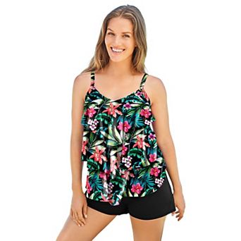 Swim 365 Women's Plus Size Longer-Length V-Neck Tiered-Ruffle Tummy Control Tankini Top