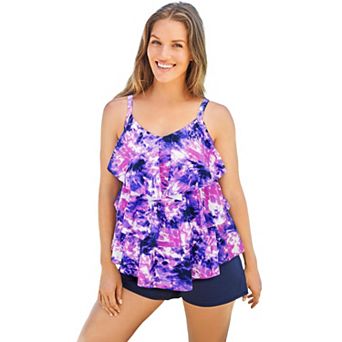 Swim 365 Women's Plus Size Longer-Length Tiered-Ruffle Tankini Top