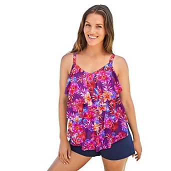 Swim 365 Women's Plus Size Longer-Length V-Neck Tiered-Ruffle Tummy Control Tankini Top
