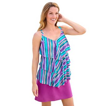 Swim 365 Women's Plus Size Longer-Length Tiered-Ruffle Tankini Top