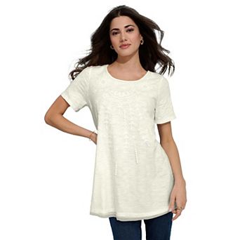 Roaman's Women's Plus Size Mesh Soutache Scoop Neck Flare Sleeve Tunic