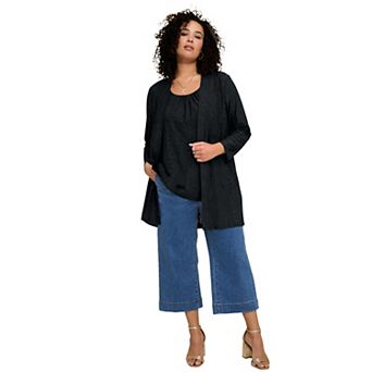 Roaman's Women's Plus Size Eyelet Long Sleeve Cardigan & Tank Set