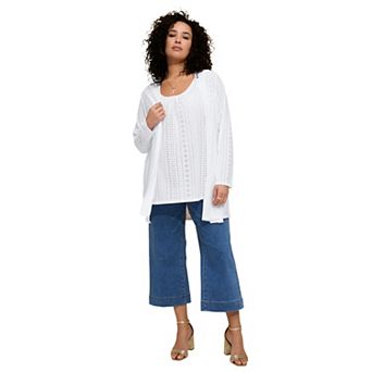 Roaman's Women's Plus Size Eyelet Long Sleeve Cardigan & Tank Set
