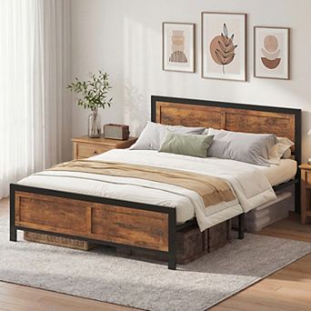 Opoiar Metal Bed Frame with Wood Headboard and Footboard, No Box Spring Needed