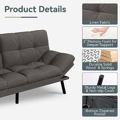 Opoiar 71" Convertible Linen Futon Sofa Bed with Adjustable Backrest & Armrests