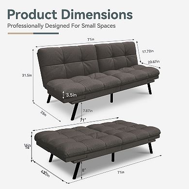 Opoiar 71" Convertible Linen Futon Sofa Bed with Adjustable Backrest & Armrests