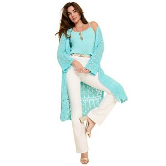 Roaman's Women's Plus Size Crochet Fringe Open-Front Bracelet-Sleeve Cardigan