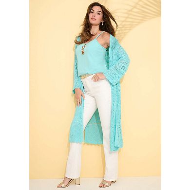 Roaman's Women's Plus Size Crochet Fringe Open-Front Bracelet-Sleeve Cardigan