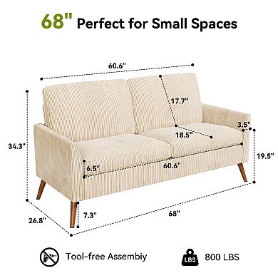 Opoiar 68" Corduroy Loveseat Sofa Comfy Deep Seat with Spring Cushion Solid Wood Frame