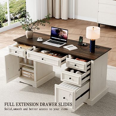 Opoiar 59" Farmhouse Executive Desk with Locking File Drawer & Power Outlet