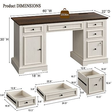 Opoiar 59" Farmhouse Executive Desk with Locking File Drawer & Power Outlet