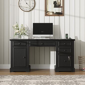 Opoiar 59" Farmhouse Executive Desk with Locking File Drawer & Power Outlet
