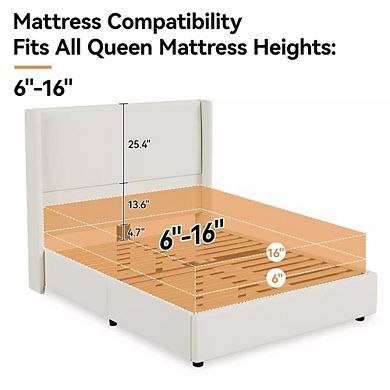 Opoiar Queen Upholstered Platform Bed Frame with 55.5" Wingback Headboard and Wood Slats