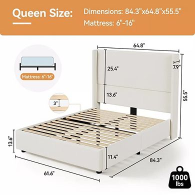 Opoiar Queen Upholstered Platform Bed Frame with 55.5" Wingback Headboard and Wood Slats