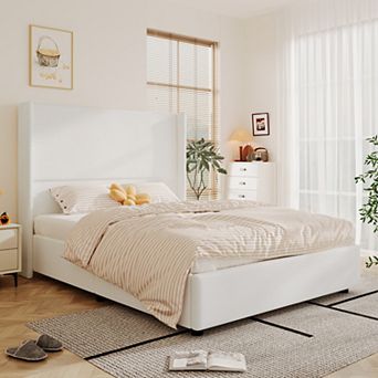 Opoiar Queen Upholstered Platform Bed Frame with 55.5" Wingback Headboard and Wood Slats