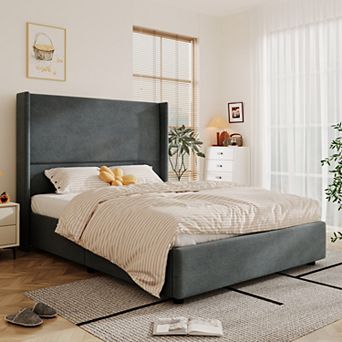 Opoiar Queen Upholstered Platform Bed Frame with 55.5" Wingback Headboard and Wood Slats