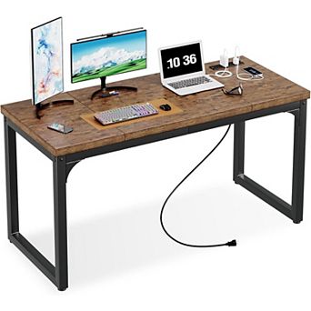 Opoiar 55.1" Computer Desk with Power Outlets, Extra-Thick Top, Rustic Brown