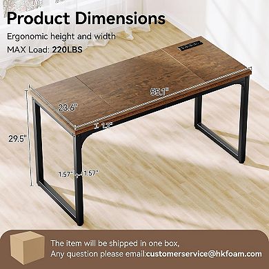 Opoiar 55.1" Computer Desk with Power Outlets, Extra-Thick Top, Rustic Brown