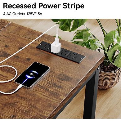 Opoiar 55.1" Computer Desk with Power Outlets, Extra-Thick Top, Rustic Brown