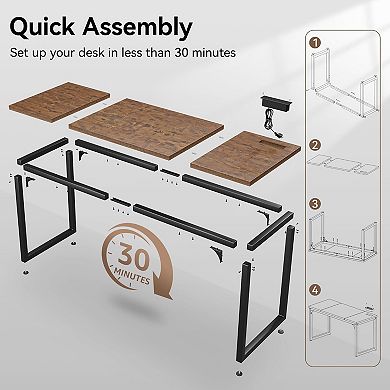 Opoiar 55.1" Computer Desk with Power Outlets, Extra-Thick Top, Rustic Brown