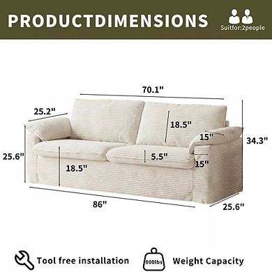 Opoiar 86-Inch Modern Two-Seater Sofa with Arm Pillows and Corduroy Upholstery