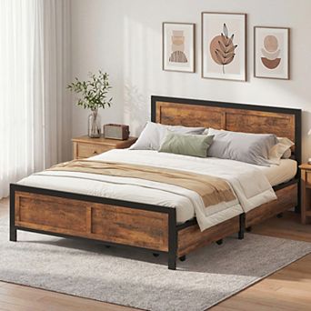 Opoiar Metal Platform Bed Frame with Wood Headboard and 4 Storage Drawers