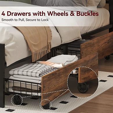 Opoiar Metal Platform Bed Frame with Wood Headboard and 4 Storage Drawers