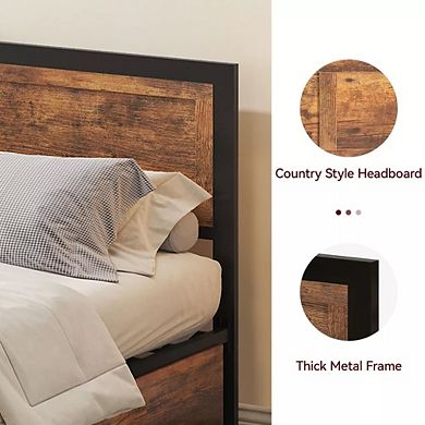 Opoiar Metal Platform Bed Frame with Wood Headboard and 4 Storage Drawers