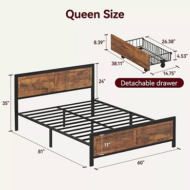 Opoiar Metal Platform Bed Frame with Wood Headboard and 4 Storage Drawers