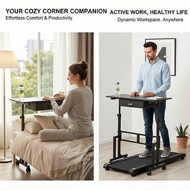 KSIZUIS Mobile Standing Desk with Drawer - Adjustable Height Rolling Workstation for Walking Pad & L