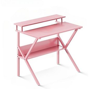 KSIZUIS Kids Study Desk 27.5" - with Storage & Monitor Stand for Small Spaces, Pink