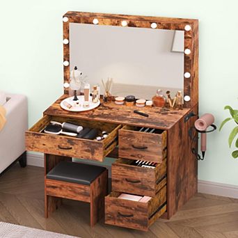 Lighted Vanity Desk with 4 Drawers: 3 Color Modes, Outlets & USB Ports