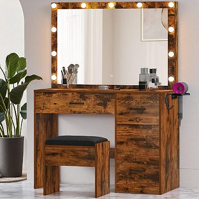 Lighted Vanity Desk with 4 Drawers: 3 Color Modes, Outlets & USB Ports