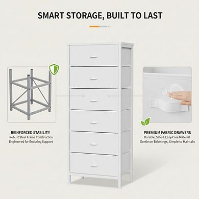 KSIZUIS Vertical Fabric Drawer Tower - White 6-Drawer Storage for Bedroom, Entryway & Living Room