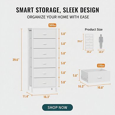 KSIZUIS Vertical Fabric Drawer Tower - White 6-Drawer Storage for Bedroom, Entryway & Living Room