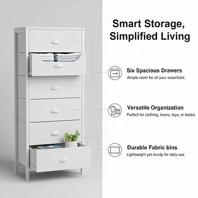 KSIZUIS Vertical Fabric Drawer Tower - White 6-Drawer Storage for Bedroom, Entryway & Living Room