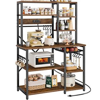 Large 6 tier Bakers Rack with Power Outlet, 12 S-Hooks, Wire Basket, 66.9" Brown Rustic Kitchen
