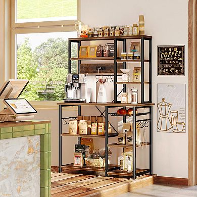 Large 6-Tier Bakers Rack with Power Outlet, 12 S-Hooks, Wire Basket, 66.9" Brown Rustic Kitchen