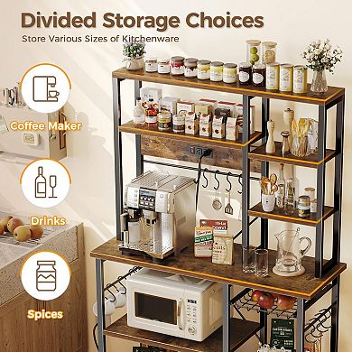 Large 6-Tier Bakers Rack with Power Outlet, 12 S-Hooks, Wire Basket, 66.9" Brown Rustic Kitchen
