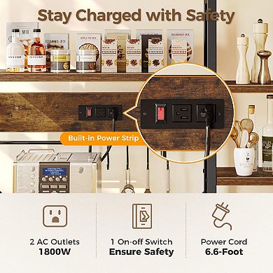 Large 6-Tier Bakers Rack with Power Outlet, 12 S-Hooks, Wire Basket, 66.9" Brown Rustic Kitchen