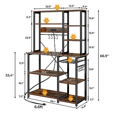 Large 6-Tier Bakers Rack with Power Outlet, 12 S-Hooks, Wire Basket, 66.9" Brown Rustic Kitchen