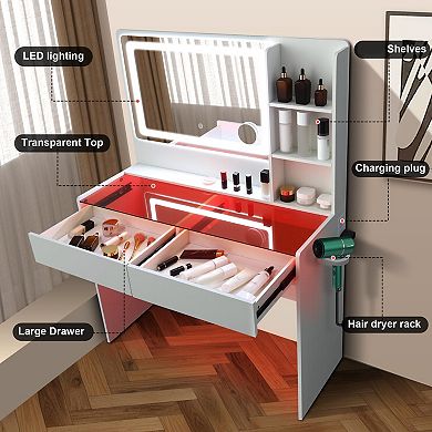 White Glass Top LED Vanity Desk with 2 Drawers, 3 Color Modes, USB & Power Outlet