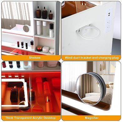 White Glass Top LED Vanity Desk with 2 Drawers, 3 Color Modes, USB & Power Outlet