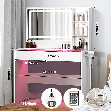 White Glass Top LED Vanity Desk with 2 Drawers, 3 Color Modes, USB & Power Outlet