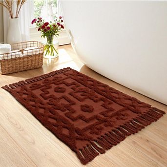 Boho Terracotta Geometric Cotton Rug: Washable, Low Pile, Multiroom Decor