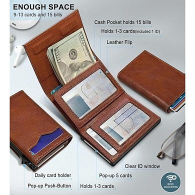 KSIZUIS Smart Trifold Wallet - Metal Case with Pop-Up Card Holder, Magnetic Closure & 2 ID Windows