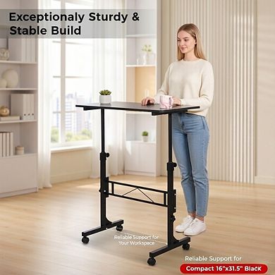 KSIZUIS Mobile Standing Desk - Adjustable Height 27"-43.5", Rolling with Wheels, Compact 16"x31.5" B
