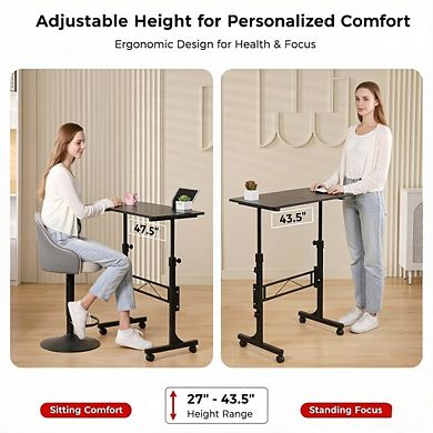 KSIZUIS Mobile Standing Desk - Adjustable Height 27"-43.5", Rolling with Wheels, Compact 16"x31.5" B