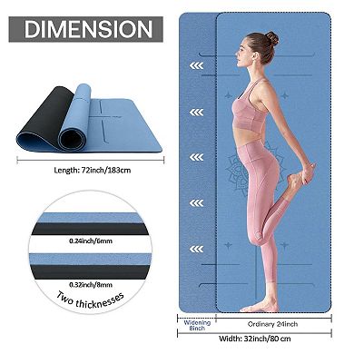 Non-Slip TPE Yoga Mat with Alignment Marks, 72"L x 32"W, 8mm/6mm Thick, Anti-tear, Carry Strap & Bag