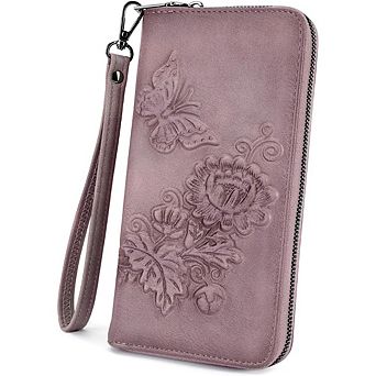 KSIZUIS RFID Travel Wristlet Purse - Embossed Vegan Leather with Multi-Card Slots, Large Capacity